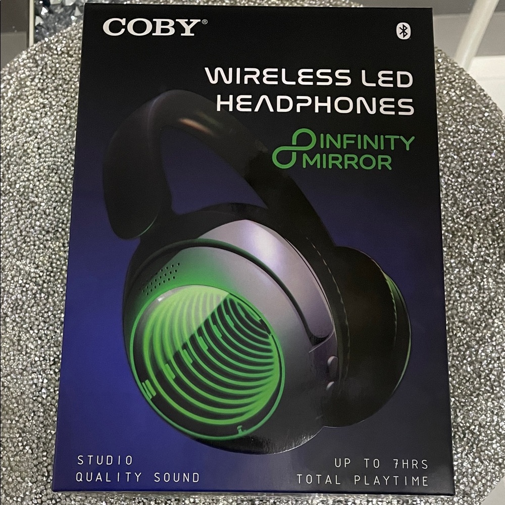 COBY Wireless LED Headphones - Black with Green LED, brand new unopened box.